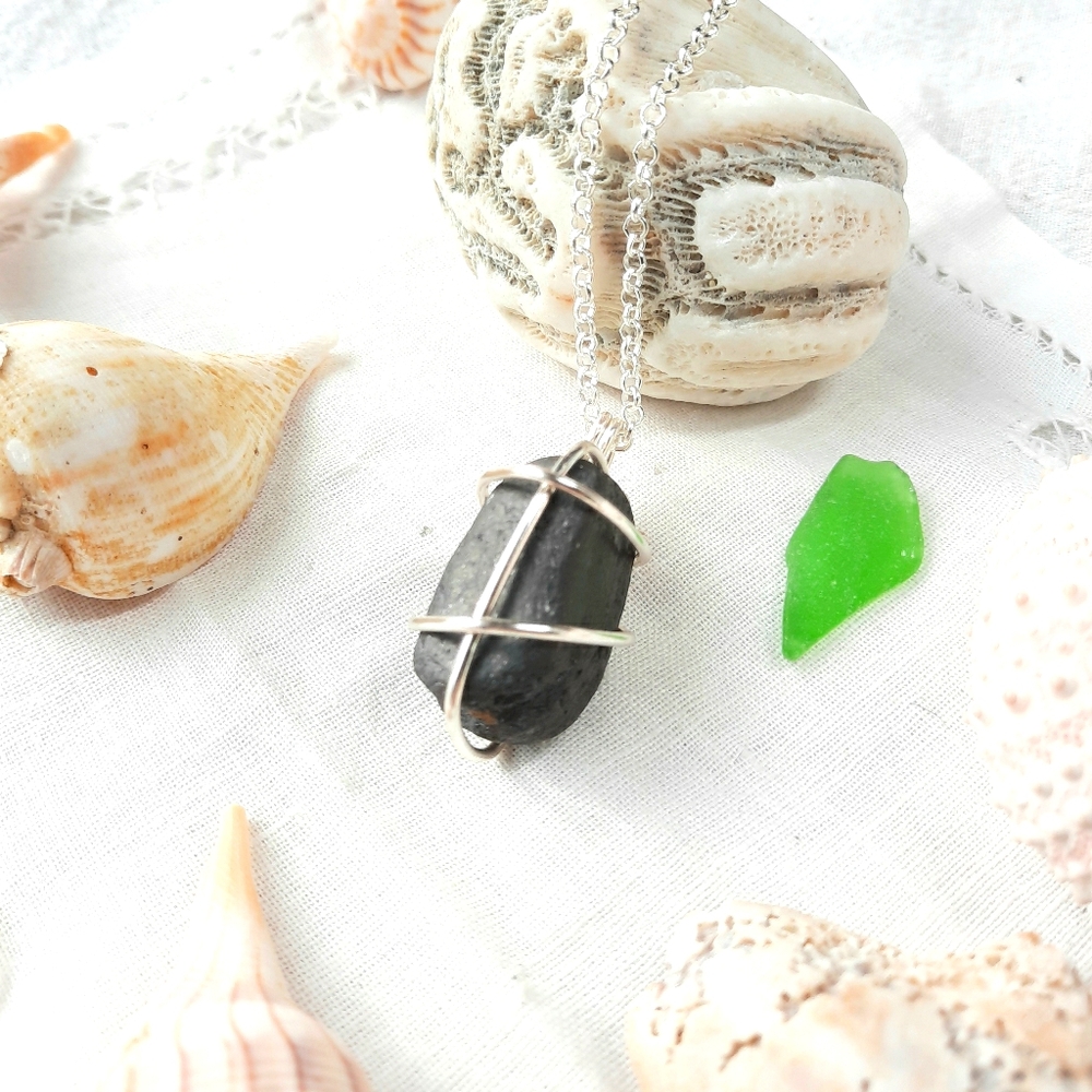 Wire Wrapped Whitby Jet Stone Silver Plated